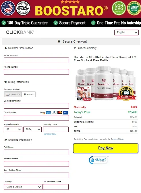 Boostaro order form - Secure checkout for male health supplement
